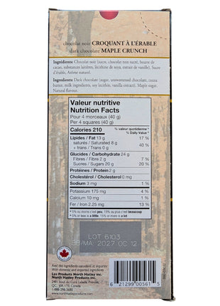 Back of the Dark Chocolate Maple Crunch package showing the bilingual ingredients, Nutrition Facts, best-before information and barcode. The 100 g Canadian maple chocolate bar is made with dark chocolate, maple sugar and natural flavour.