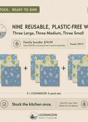 LOONMOON family bundle graphic showing three beeswax food wrap 3-pack sets, for 9 reusable plastic-free wraps total. Text highlights three large, three medium, and three small wraps, priced at $74.99 with “In stock. Ready to ship.” and “Made in Canada” branding.