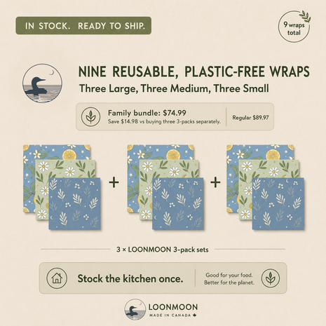 LOONMOON family bundle graphic showing three beeswax food wrap 3-pack sets, for 9 reusable plastic-free wraps total. Text highlights three large, three medium, and three small wraps, priced at $74.99 with “In stock. Ready to ship.” and “Made in Canada” branding.