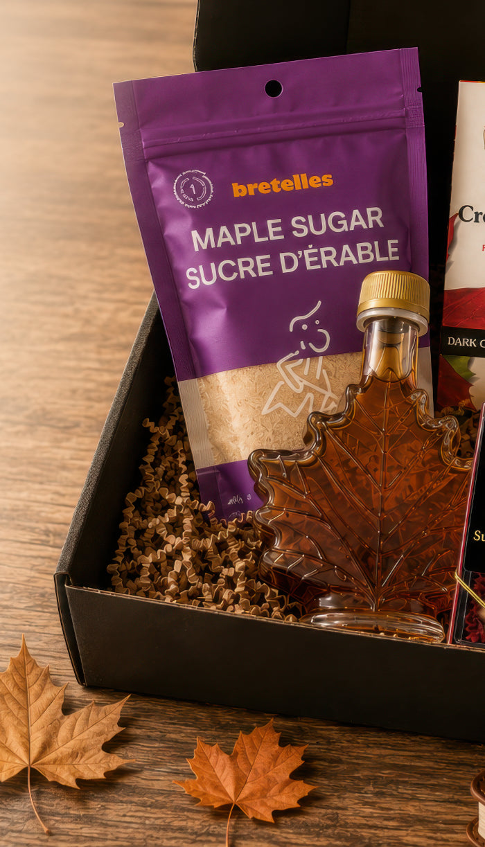 Canadian Father’s Day maple gift box with maple syrup, maple sugar, maple Belgian chocolates, and soft maple candies packed in British Columbia.