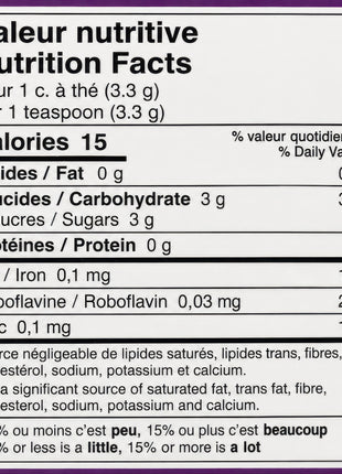 A clear bilingual Nutrition Facts panel for fine maple sugar showing information per one-teaspoon or 3.3 g serving.  The label lists 15 calories, 3 g of carbohydrates and sugars, along with the stated amounts of iron, riboflavin and zinc in a clean, easy-to-read format.