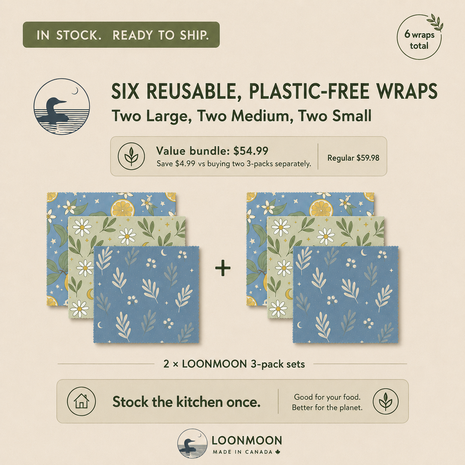 LOONMOON 6-pack reusable beeswax food wraps value bundle with two large, two medium, and two small plastic-free wraps made in Canada.