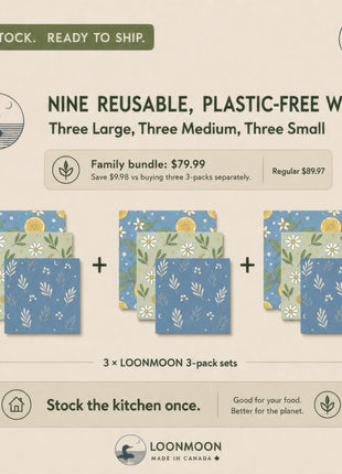 LOONMOON family bundle graphic showing three beeswax food wrap 3-pack sets, for 9 reusable plastic-free wraps total. Text highlights three large, three medium, and three small wraps, priced at $79.99 with “In stock. Ready to ship.” and “Made in Canada” branding.