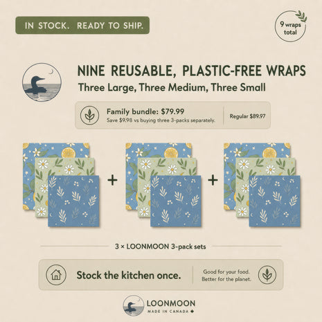 LOONMOON family bundle graphic showing three beeswax food wrap 3-pack sets, for 9 reusable plastic-free wraps total. Text highlights three large, three medium, and three small wraps, priced at $79.99 with “In stock. Ready to ship.” and “Made in Canada” branding.