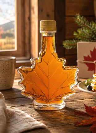 Pure Canadian maple syrup in a maple leaf glass bottle on a rustic wooden table with pancakes, coffee, autumn leaves, and a wrapped gift box in a warm cabin setting.