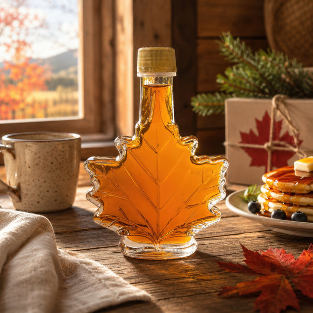 Pure Canadian maple syrup in a maple leaf glass bottle on a rustic wooden table with pancakes, coffee, autumn leaves, and a wrapped gift box in a warm cabin setting.