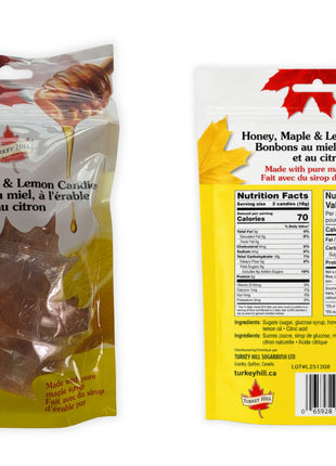 Front and back views of a 90-gram bag of individually wrapped honey, maple and lemon candies made with pure maple syrup.  The image clearly presents the bilingual packaging, nutrition facts, ingredients, barcode, lemon and honey design, and Canadian product details.