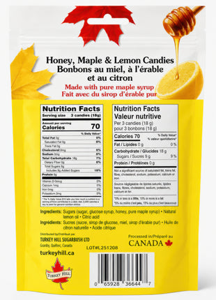 Back of honey maple lemon candy bag showing nutrition facts and ingredients including maple syrup, honey and lemon
