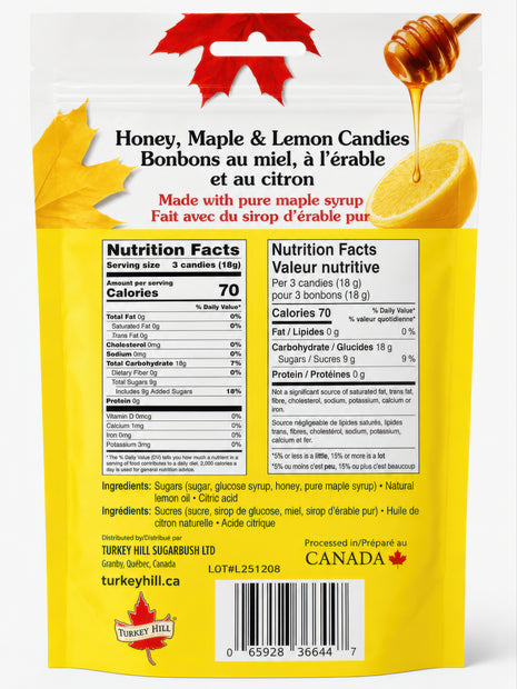 Back of honey maple lemon candy bag showing nutrition facts and ingredients including maple syrup, honey and lemon
