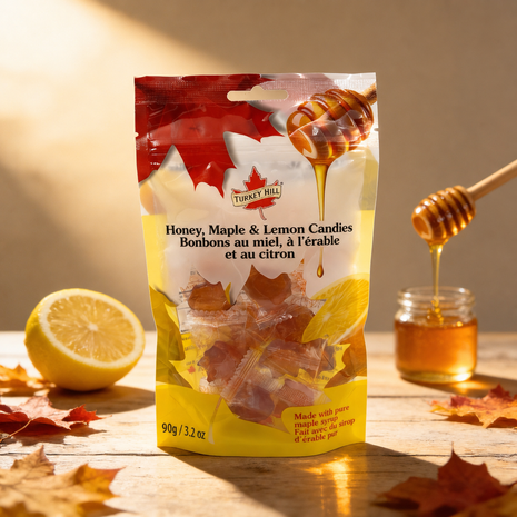 Honey, maple and lemon candies made with pure maple syrup, shown with fresh lemon and honey in a warm rustic setting