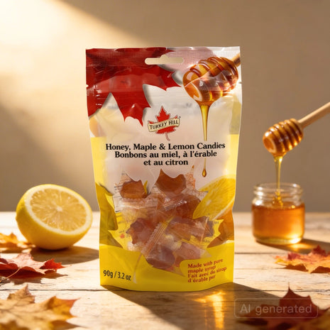 Honey, maple and lemon candies made with pure maple syrup, shown with fresh lemon and honey in a warm rustic setting