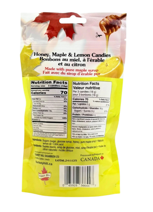 Back of honey maple lemon candy bag showing nutrition facts and ingredients including maple syrup, honey and lemon
