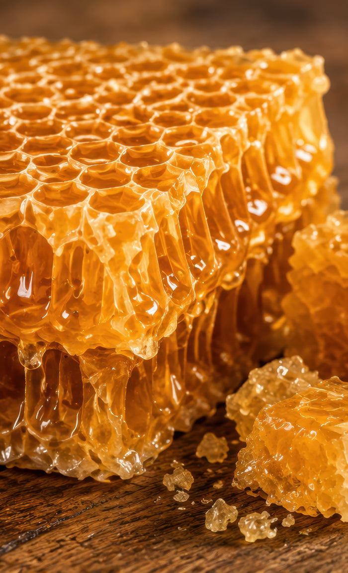 Golden honeycomb pieces on rustic wood, showing the natural wax structure behind pure beeswax candles.