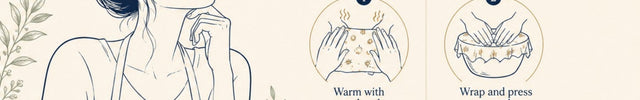 Elegant line-art guide showing a thoughtful woman beside four simple illustrated steps for using reusable beeswax wraps: warm with your hands, wrap and press to seal, wash in cool water, and reuse again.  The cream, navy, and gold design introduces LOONMOON’s beeswax wrap care guide in a clear, polished, and easy-to-follow format.