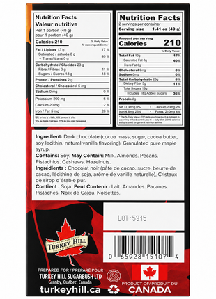 Maple Crunch dark chocolate bar back label showing bilingual nutrition facts, ingredients, allergens, barcode, and product of Canada information.