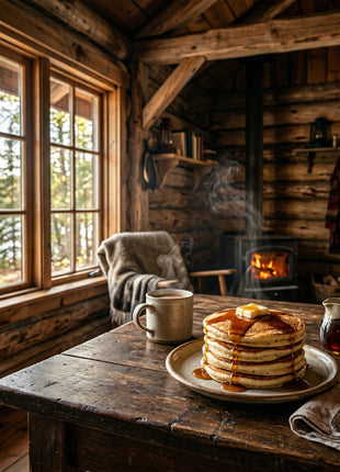 Stack of pancakes with butter and maple syrup on a rustic wooden table inside a cozy Canadian cabin