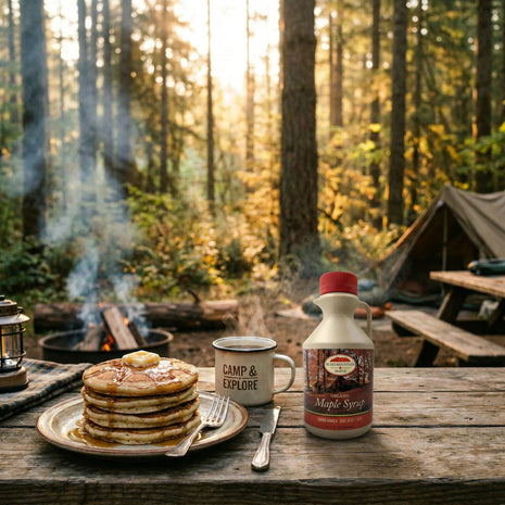 Small 500ml jug of organic maple syrup on a rustic picnic table beside pancakes and a camping mug, with a forest campsite and campfire in the background