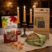 Beeswax wraps and maple candies in cozy cabin kitchen with lit taper candles – Canadian homestead bundle