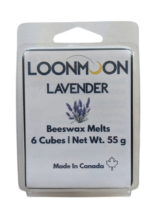 LOONMOON Lavender beeswax melts displayed in a single clear clamshell package on a clean white background.  The label clearly shows the lavender scent, six cubes, and 55 g net weight for a clean and straightforward individual product image.