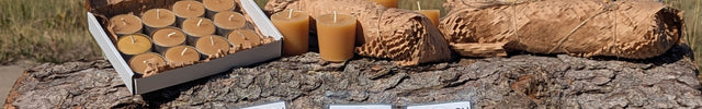 LOONMOON beeswax candle collection displayed outdoors in British Columbia with tealights, votives, taper candles, and six scented beeswax melts arranged on rustic logs and natural stone.  The real product photography highlights the warm golden colour of Canadian beeswax and the available melt scents, including Clean Linen, Cedar Balsam, Lavender, Citronella, Soft Honey, and Vanilla.