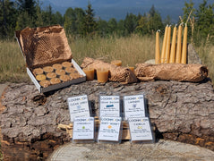 LOONMOON beeswax candle collection displayed outdoors in British Columbia with tealights, votives, taper candles, and six scented beeswax melts arranged on rustic logs and natural stone.  The real product photography highlights the warm golden colour of Canadian beeswax and the available melt scents, including Clean Linen, Cedar Balsam, Lavender, Citronella, Soft Honey, and Vanilla.