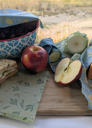 Overhead view of reusable beeswax wraps used to cover a bowl of cherries and wrap a sandwich, cucumber, cut onion, cheddar cheese, and fresh apple.  This practical food-storage arrangement shows how different wrap sizes can help keep produce, snacks, cheese, leftovers, and packed lunches covered and organized.
