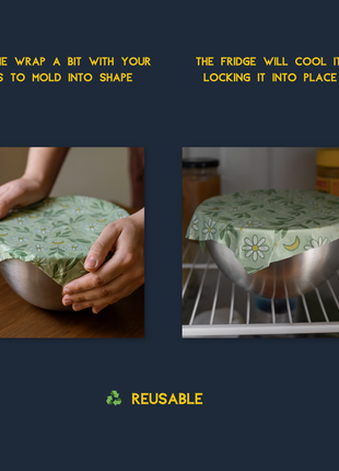 Thick beeswax-coated cotton wrap sealing tightly over a bowl using hand warmth