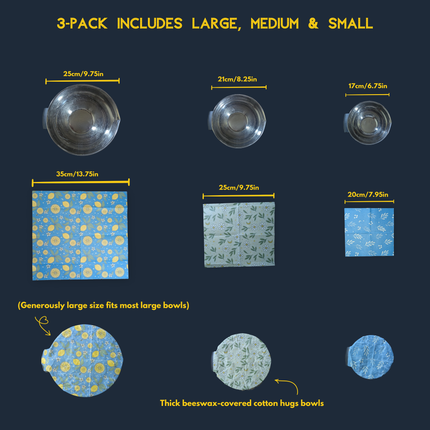LOONMOON beeswax wrap sizes shown on bowls, including large, medium, and small wraps for food storage