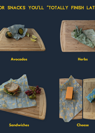 Reusable beeswax wraps used to store avocados, fresh herbs, sandwiches, and cheese without plastic