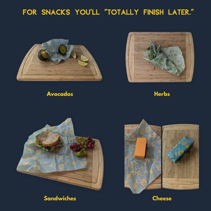 Reusable beeswax wraps used to store avocados, fresh herbs, sandwiches, and cheese without plastic