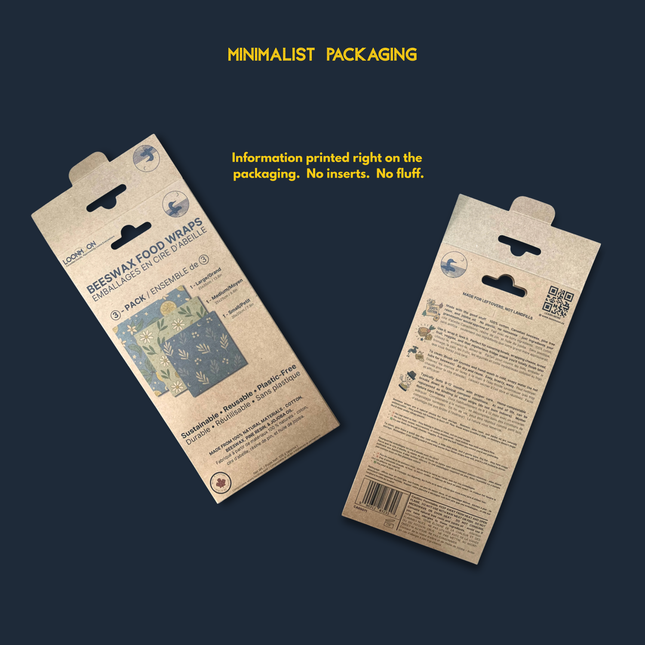 Minimalist LOONMOON beeswax wrap packaging with information printed directly on recycled kraft paper