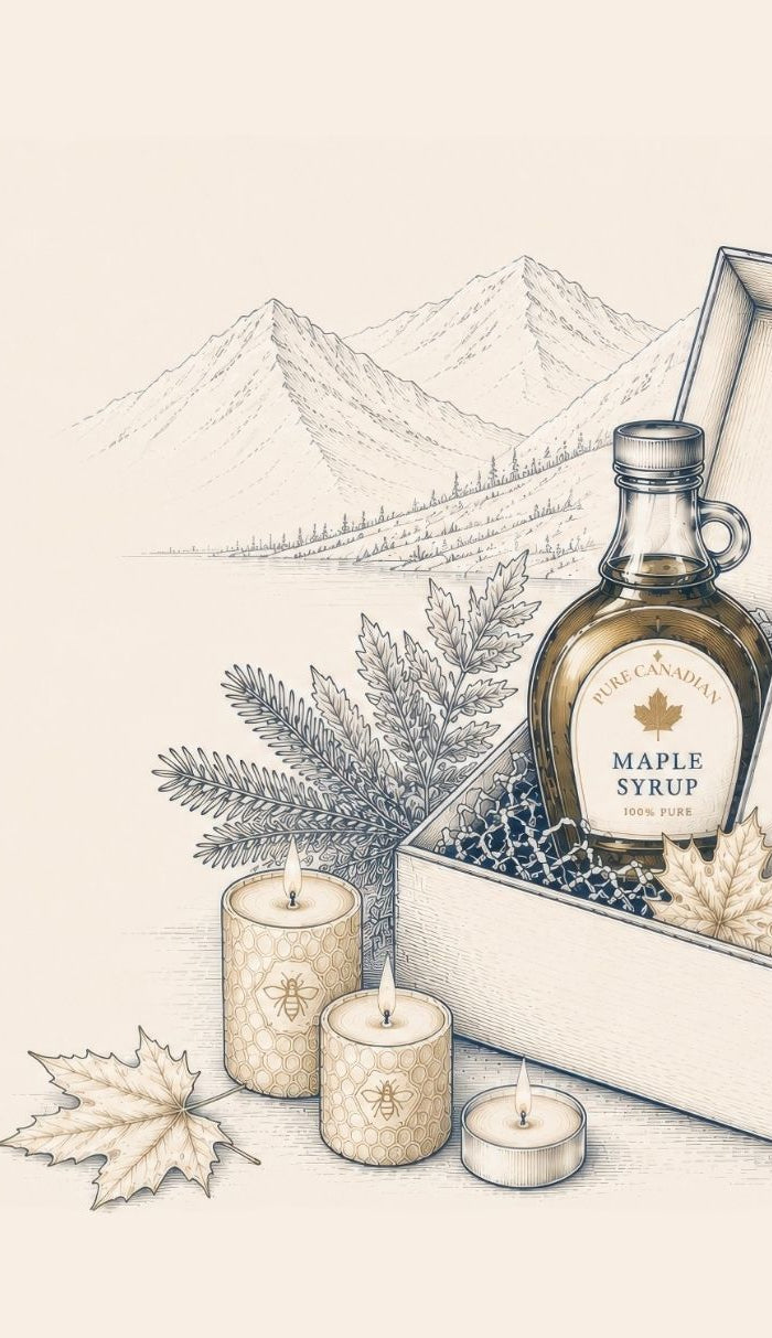Elegant engraved-style illustration of a Canadian maple and beeswax gift box on a warm cream background with navy and gold accents.  An open gift box displays pure maple syrup, maple chocolate, beeswax candles, evergreen boughs, and a rustic honey crock with a wooden honey dipper.  Soft mountain line art creates a premium Canadian brand aesthetic for the LOONMOON website hero banner.