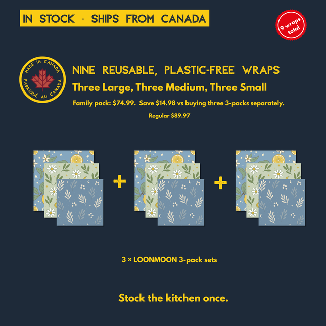 LOONMOON Family Pack with nine reusable beeswax food wraps, three large, three medium, and three small, made in Canada