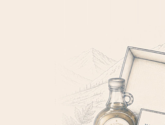 Elegant cream-toned mobile hero illustration featuring a partially cropped Canadian maple gift box with pure maple syrup, maple dark chocolate, and a softly sketched mountain backdrop in a refined engraved line-art style.  This LOONMOON website image uses subtle navy and gold accents with generous negative space for headline text, conveying premium Canadian gifting, natural ingredients, and a clean, upscale brand aesthetic.