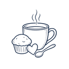 Line art mug, spoon, muffin, and heart, representing maple treats for coffee, baking, and sharing.