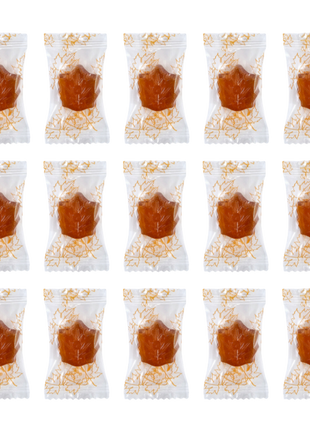 Individually wrapped Canadian maple leaf candies arranged in a grid, made with pure maple syrup