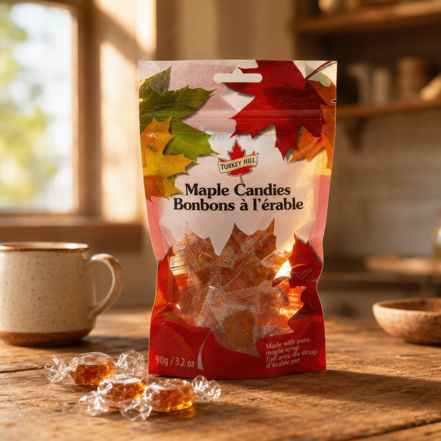 Maple Candies bag on a rustic wooden table with individually wrapped Canadian maple syrup candies, a ceramic mug, and warm window light in a cozy homestead kitchen.