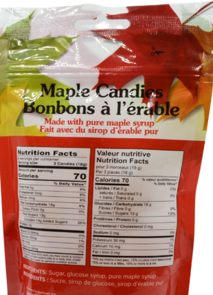 Back of maple candy bag showing nutrition facts and ingredients, made with pure Canadian maple syrup