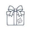 Line art gift box with a maple leaf, representing giftable Canadian maple treats.