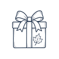 Line art gift box with a maple leaf, representing giftable Canadian maple treats.