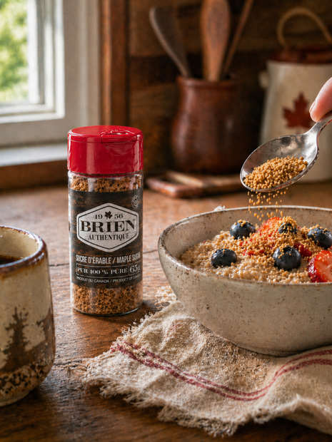 Maple sugar shaker beside a breakfast bowl with berries, coffee, and maple sugar sprinkled over oatmeal.