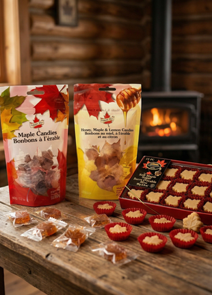 Canadian maple candy sampler with maple candies, honey maple lemon candies, and soft maple sugar gift box on a rustic wooden table in a cozy cabin