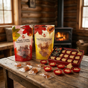 Canadian maple candy sampler with maple candies, honey maple lemon candies, and soft maple sugar gift box on a rustic wooden table in a cozy cabin