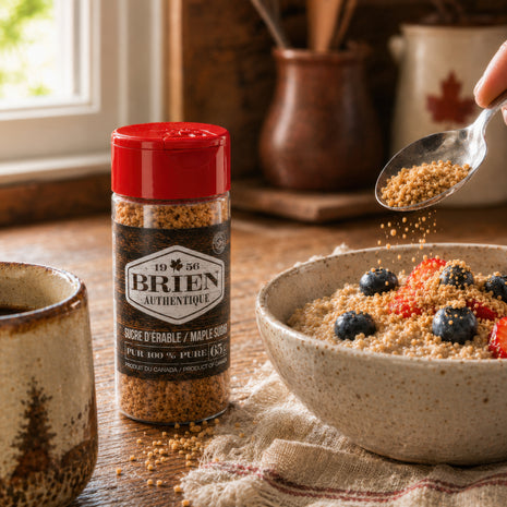 Maple sugar shaker beside a breakfast bowl with berries, coffee, and maple sugar sprinkled over oatmeal.