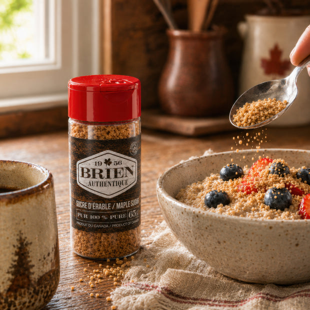 Maple sugar shaker beside a breakfast bowl with berries, coffee, and maple sugar sprinkled over oatmeal.