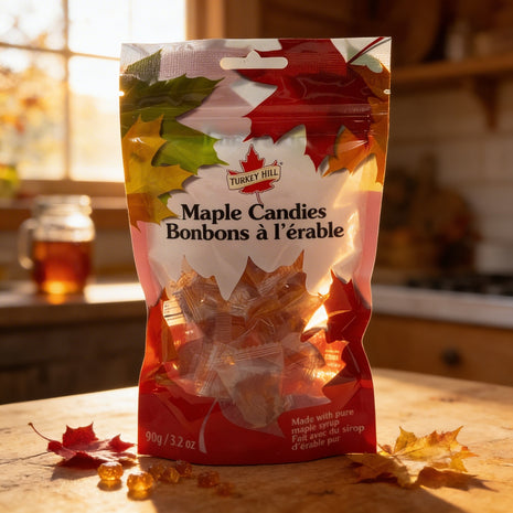 Maple candies in a bag, made with pure Canadian maple syrup, displayed on a rustic table with warm sunlight and autumn leaves