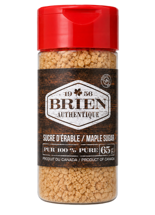 Maple sugar shaker 65g with red cap, Brien Authentique label, and granulated Canadian maple sugar.