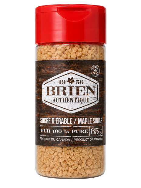 Maple sugar shaker 65g with red cap, Brien Authentique label, and granulated Canadian maple sugar.