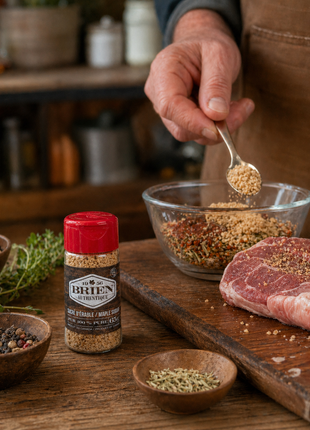 Maple sugar shaker beside herbs, spices, and a savoury rub mixture on a rustic kitchen counter.