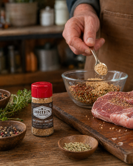 Maple sugar shaker beside herbs, spices, and a savoury rub mixture on a rustic kitchen counter.